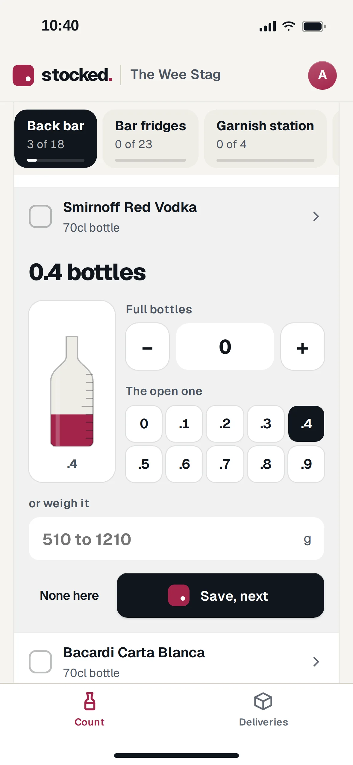 Counting on a phone: the back bar at 3 of 18, Smirnoff Red Vodka open with a drawing of the bottle filled to .4, buttons for full bottles, tenths from 0 to .9 and a box to weigh it