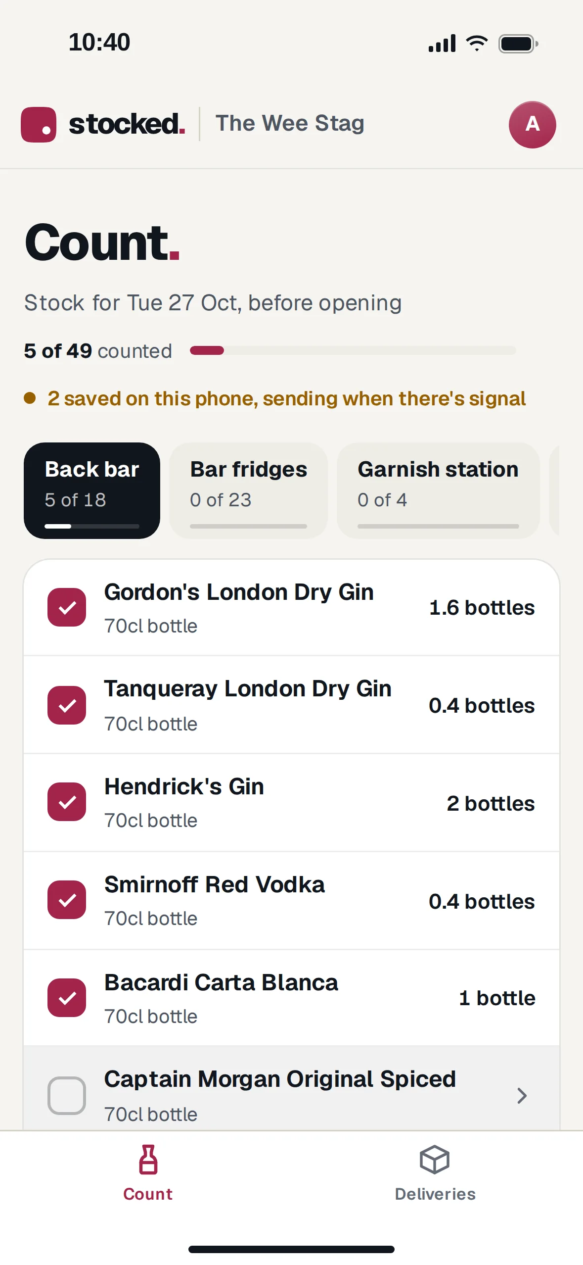 Counting with no signal: 5 of 49 counted, 2 saved on this phone and sending when there's signal